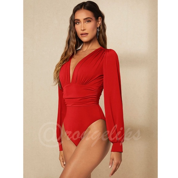 Red Elegant V neck Bodysuit Long Bishop Sleeves Stretchy Ruched Waist - Picture 2 of 10